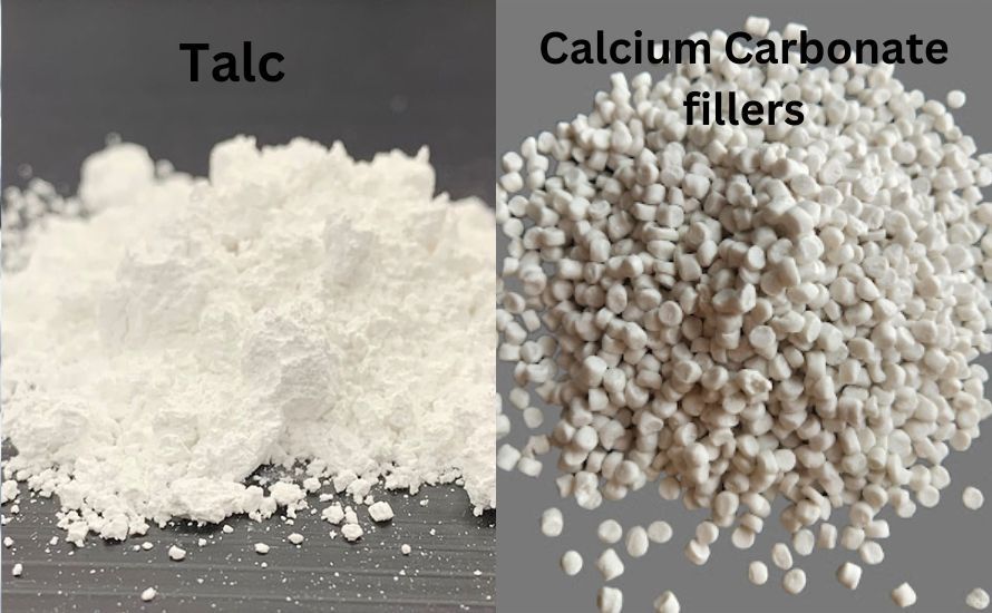The particle size of talc and calcium carbonate influences performance in plastics, with finer talc enhancing stiffness and rigidity, while smaller calcium carbonate particles improve dispersion and surface finish.