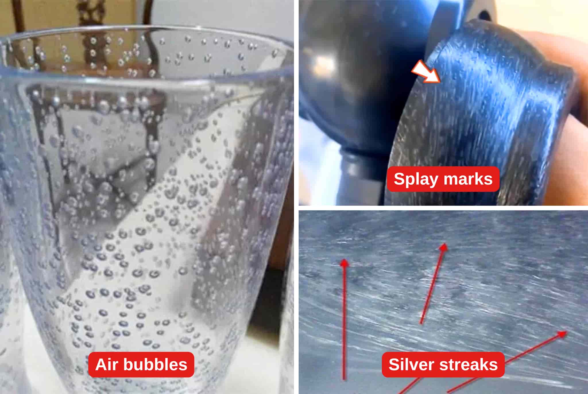 Bubbles, streaks, or splay marks on plastic products
